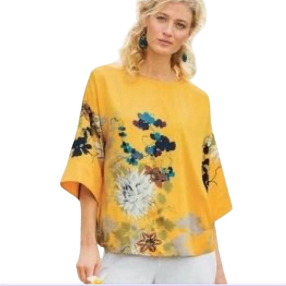 Soft Surroundings Tahitian Blouse Floral‎ Yellow 1X